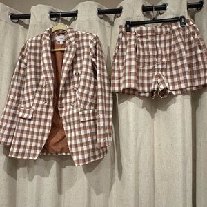 Nine West Tan and White Plaid Blazer and shorts set